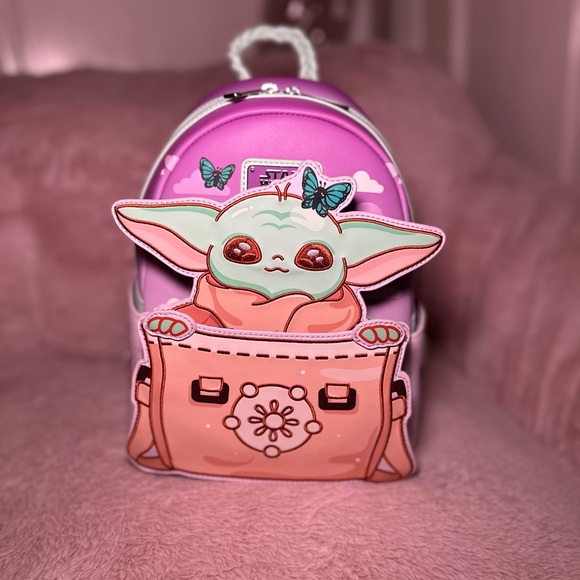 Loungefly Star Wars Pink Backpack with Baby Yoda and Butterflies - Picture 2 of 6